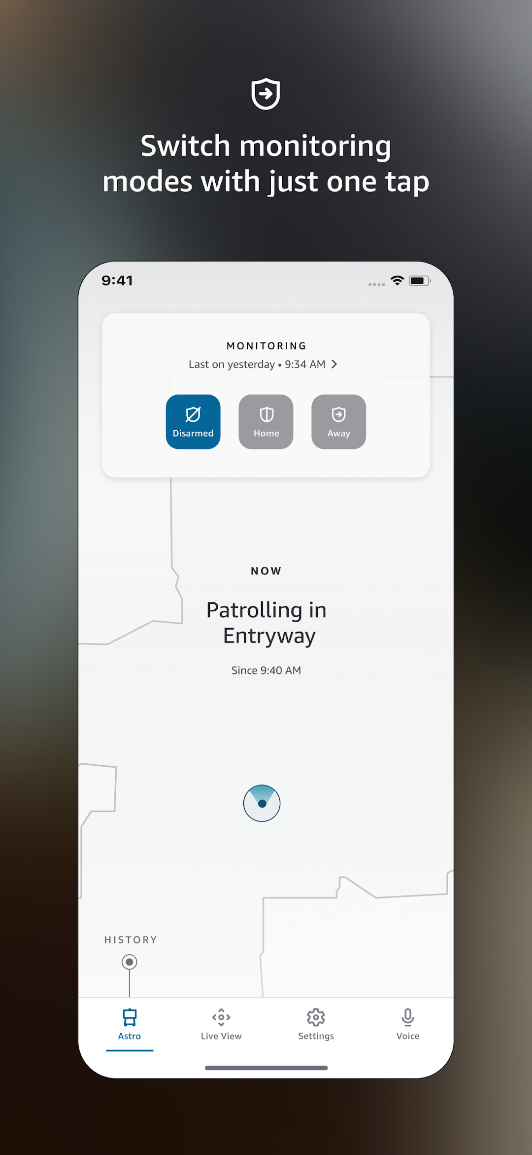 Amazon Astro app screen — floor plan with 'Patrolling in Entryway' marker